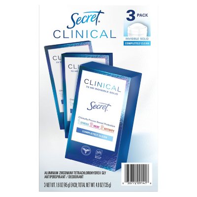 Secret Clinical Invisible Solid Antiperspirant and Deodorant, Completely Clean, 1.6 Oz., 3 Pk.