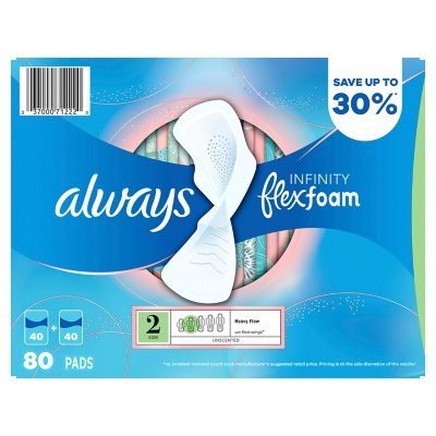 Always Infinity Flexfoam Heavy Flow Pads with Flexi-Wings, Unscented, Size 2, 80 Ct.