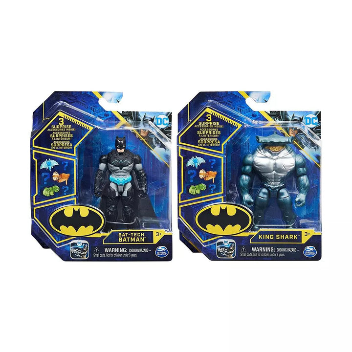 DC Comics Batman 4-Inch Bat-Tech Batman and King Shark Action Figures with 6 Mystery Accessories, for Kids Aged 3 and Up