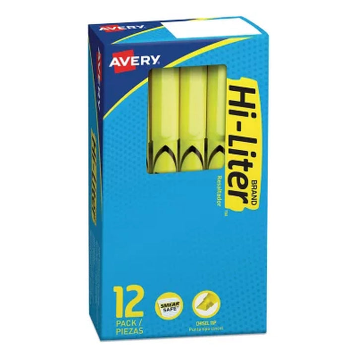 Avery HI-LITER Pen-Style Highlighters, Chisel Tip, Fluorescent Yellow, Dozen