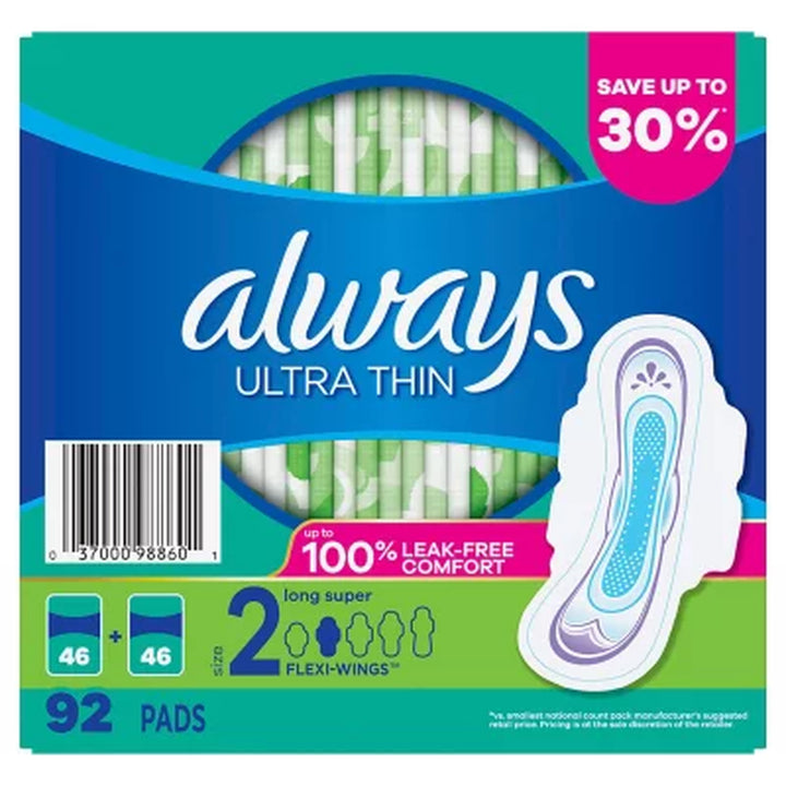 Always Ultra Thin Long Super Pads with Flexi-Wings, Unscented - Size 2, 92 Ct.