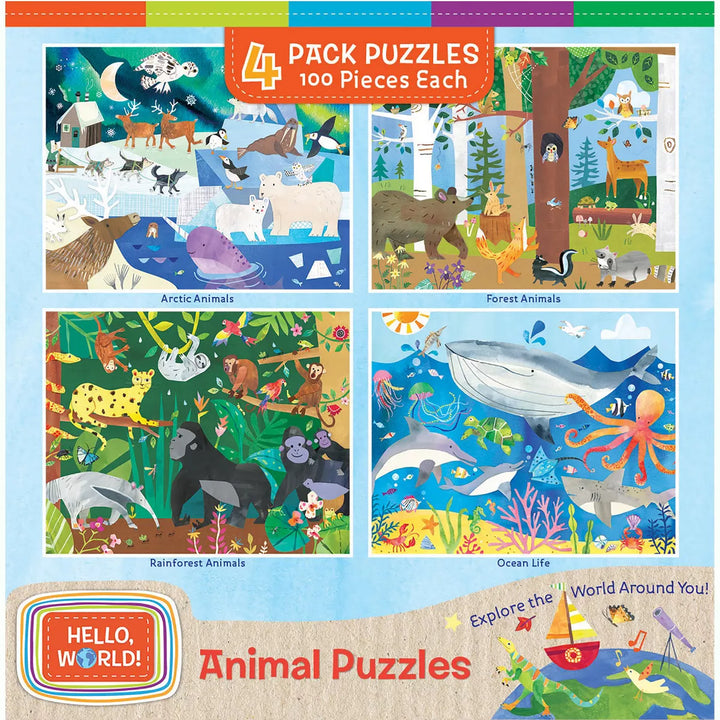 Masterpieces Kids Jigsaw Puzzle Set - Hello World Animals 4-Pack 100 Pieces