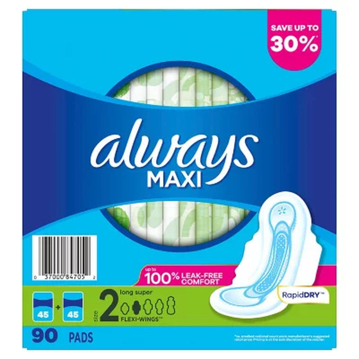 Always Maxi Long Super Pads, Unscented - Size 2, 90 Ct.