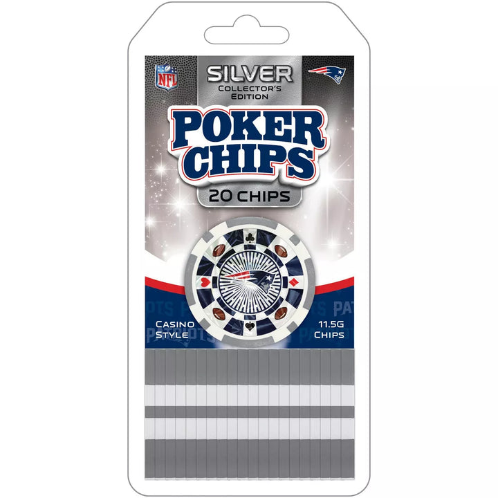 Masterpieces Casino Style 20 Piece 11.5 Gram Poker Chip Set NFL New England Patriots Silver Edition.