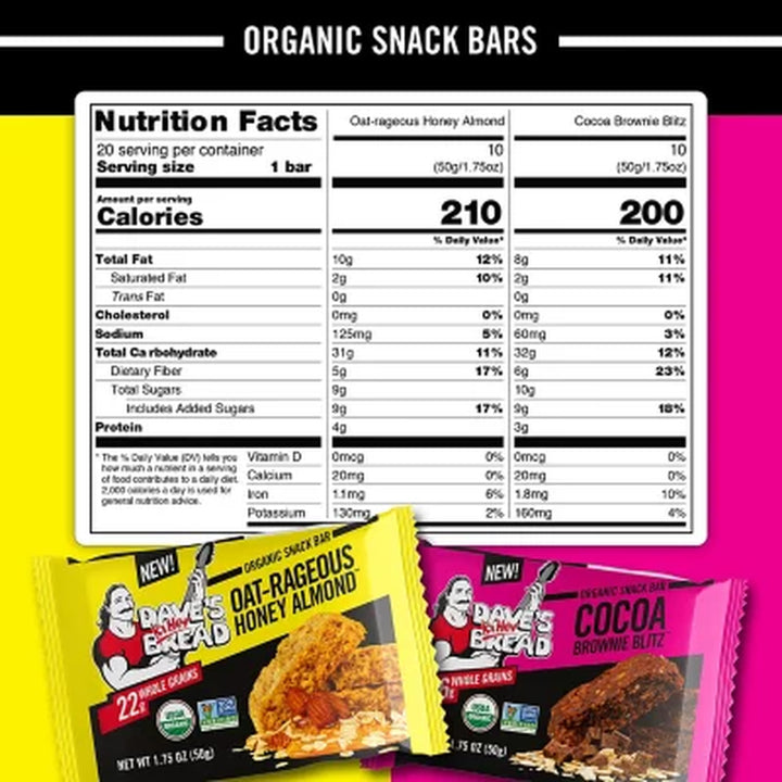 Dave'S Killer Bread Organic Snack Bars, Cocoa Brownie Blitz and Oat-Rageous Honey Almond (20 Ct.)