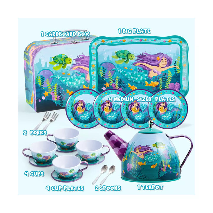 JOYIN 35Pcs Mermaid Tea Party Set for Little Girls, Pretend Tin Teapot Set for Birthday Easter Gifts Kids Toddlers Age 3 4 5 6