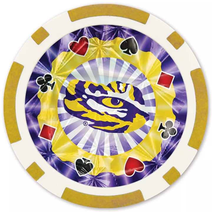 Masterpieces Casino Style 20 Piece 11.5 Gram Poker Chip Set NCAA LSU Tigers Silver Edition.