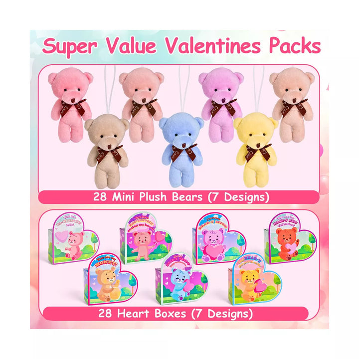 Fun Little Toys 28 PCS Valentine MINI Plush Bear with Heart Box