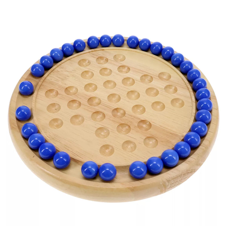 WE Games Solid Wood Solitaire with Blue Glass Marbles - 9 In. Diameter