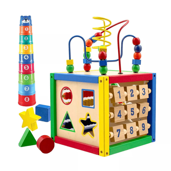 Wooden Activity Cube with Bead Maze, Shape Sorter, Abacus Counting Beads, Counting Numbers, Sliding Shapes - 5 in 1 - Play22Usa
