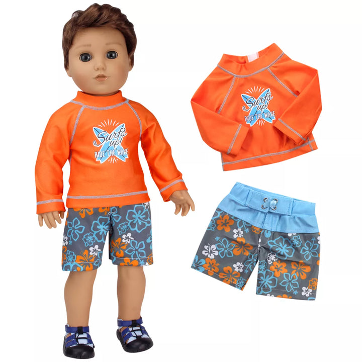 Sophia'S - 18" Doll - Surf Shirt & Floral Print Swim Trunks - Orange