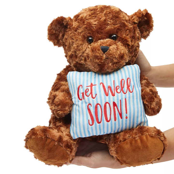 Get Well Soon Bear Plush Pillow, Get Well Soon Bear for Kids, Adults (Dark Brown, 14 In)