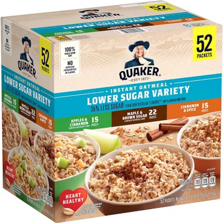 Quaker Lower Sugar Instant Oatmeal, Variety Pack (60.7 Oz., 52 Pk.)