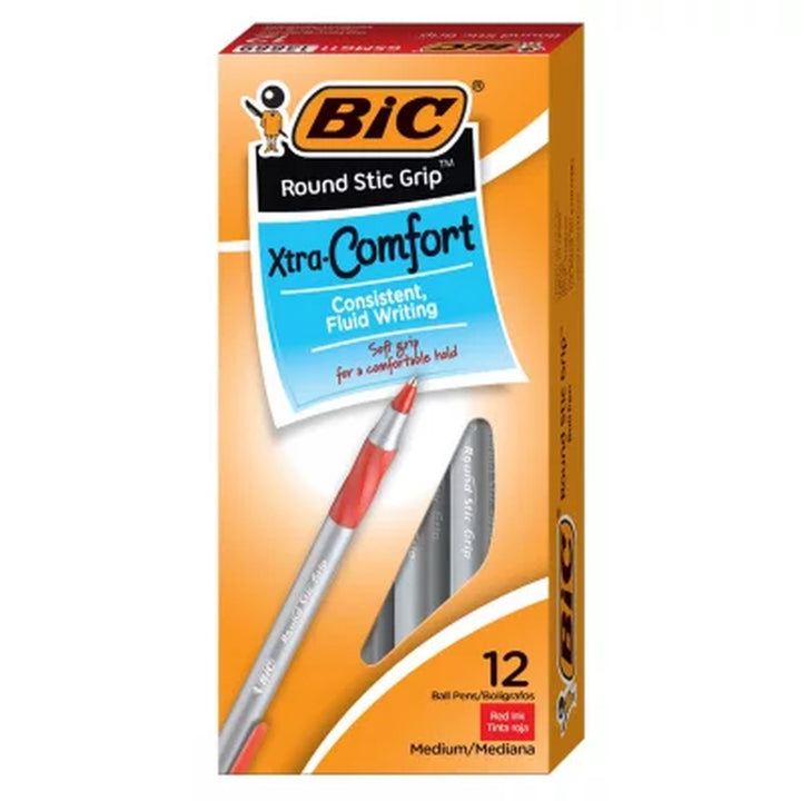 BIC round Stic Grip Xtra Comfort Ballpoint Pen, Red Ink, 1.2Mm, Medium, 12Ct.