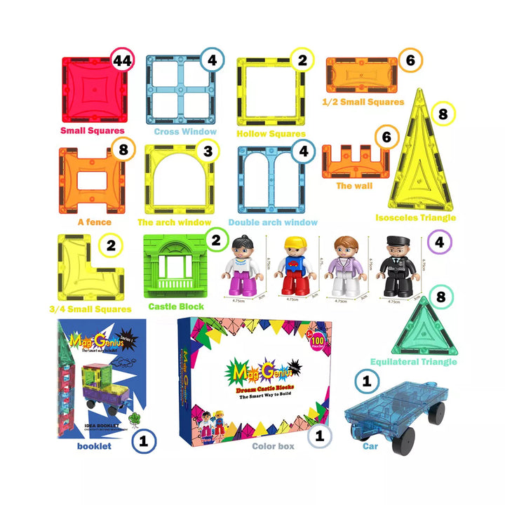 Mag Genius - 102 Pieces Magnetic Building Tiles with Magnetic Build-On Flatbed