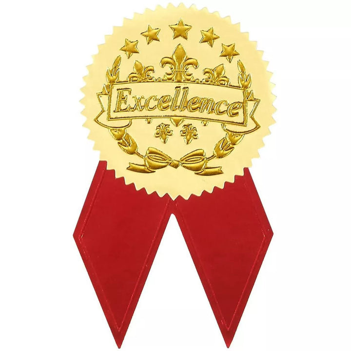 Award Stickers - 48 Gold Certificate Seals with 48 Red Ribbon Shaped Stickers, Excellence Star Stickers for Certificates, 17 In