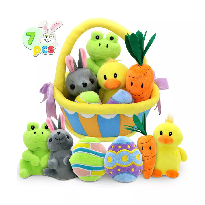 Syncfun 7PCS Basket for Easter Stuffed Plush Playset for Baby Kids Easter Theme Party Favor, Easter Eggs Hunt, Basket Stuffers Fillers