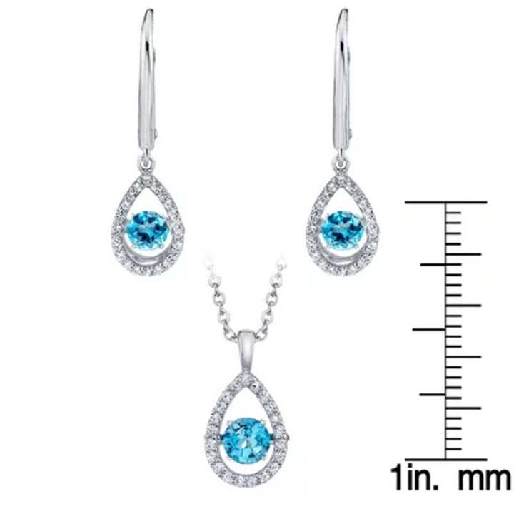 925 Sterling Silver Dancing Blue Topaz and Lab Created White Sapphire Pendant and Earring Set