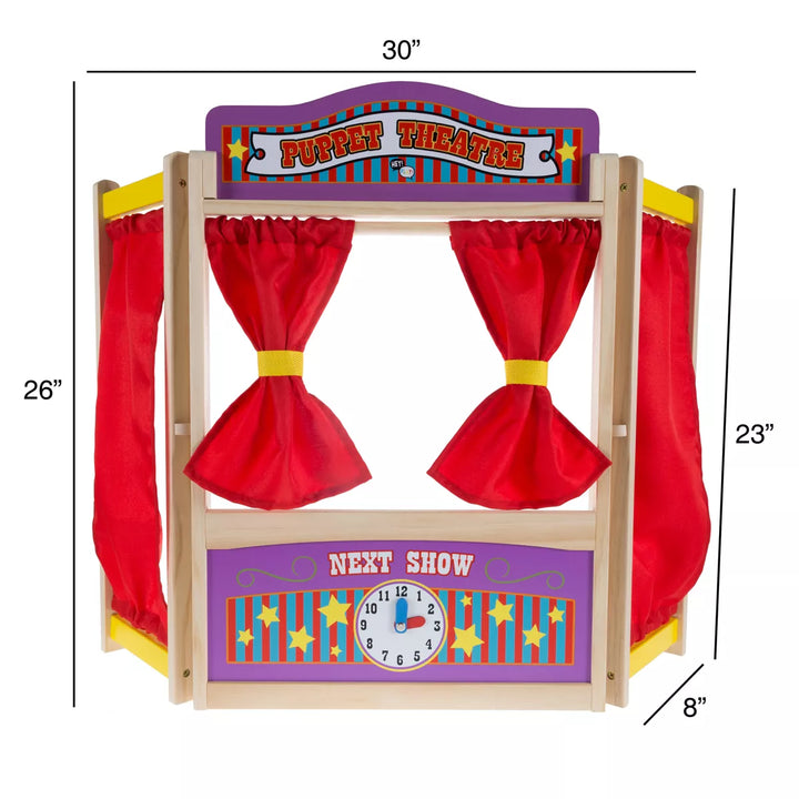 Toy Time Kids' Wooden Tabletop Puppet Theater with Curtains, Blackboard, and Clock - 26" X 30"