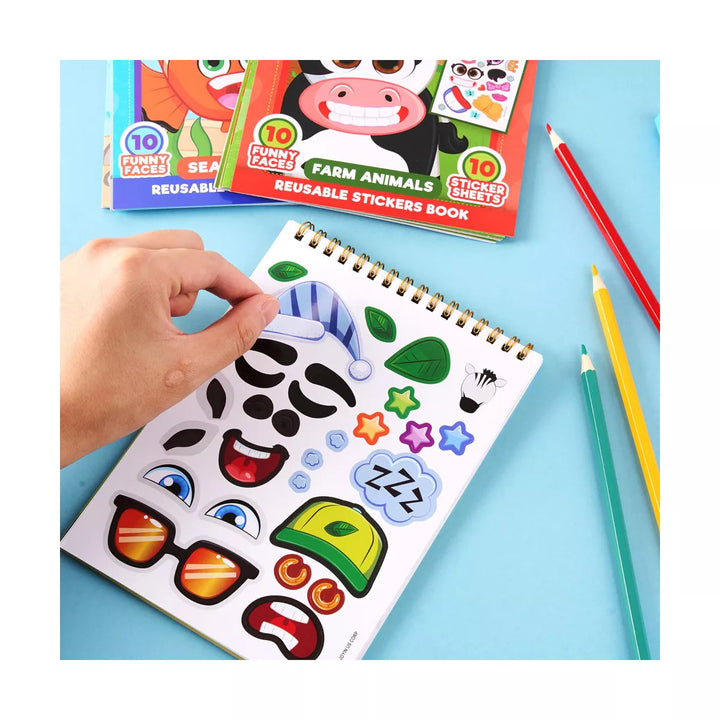 Syncfun Make-A-Face Reusable Sticker Books 3-Pack (Safari, Farm, Sea Animals) - on the Go Travel Toys Activity Pad for Kids Ages 4-8(30 Scenes)