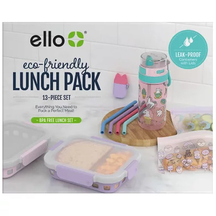 Ello 13-Piece Kids Food Storage, Straws and Water Bottle Lunch Pack Set (Assorted Colors)
