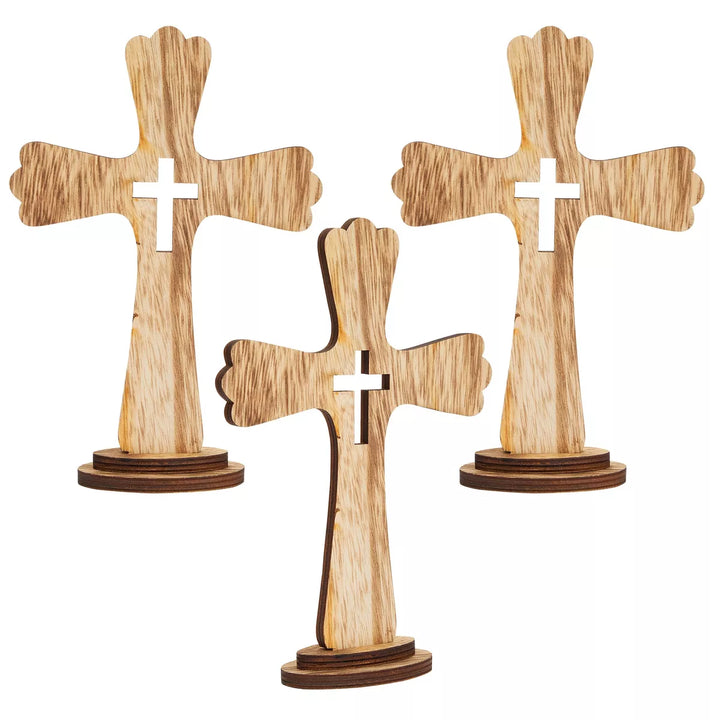 Juvale 3 Pack Catholic Wooden Cross Baptism Centerpieces for Tables, Communion, Home Decor, 6 X 9 In