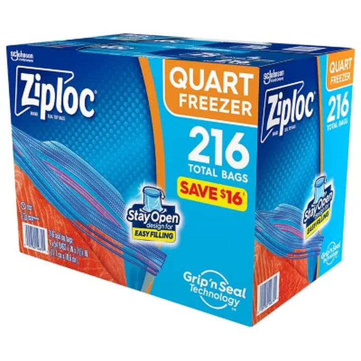 Ziploc Easy Open Tabs Freezer Quart Bags with New Stay Open Design, 216 Ct.