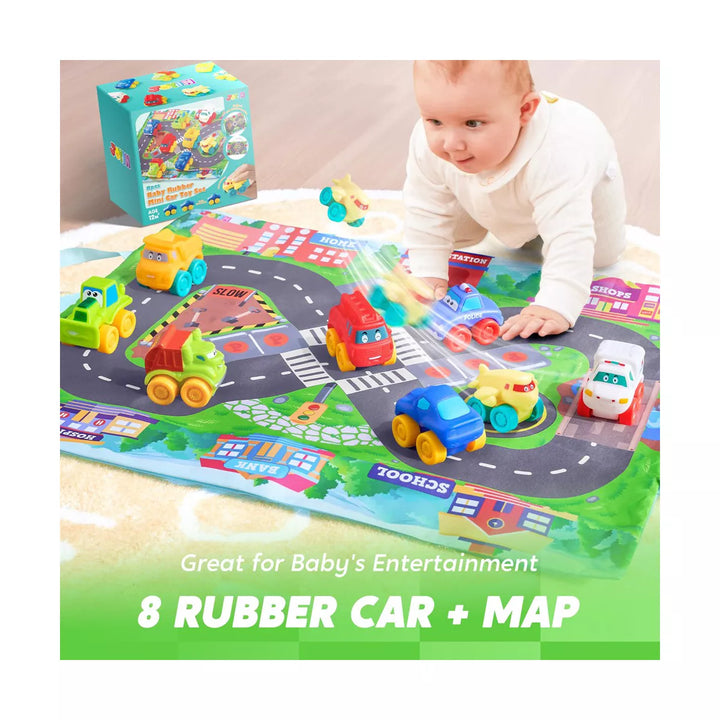 Syncfun 8 PCS Rubber Cartoon Cars with Play Mat, Mini Bath Toy Car for Toddlers, Boy Toys Birthday Gift, Party Favors for Kids Toddlers 2 3+ Year Old
