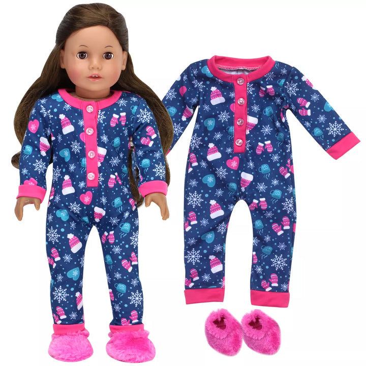 Sophia’S Hot Cocoa Pajama Onesie with Fuzzy Slippers for 18” Dolls, Navy/Hot Pink