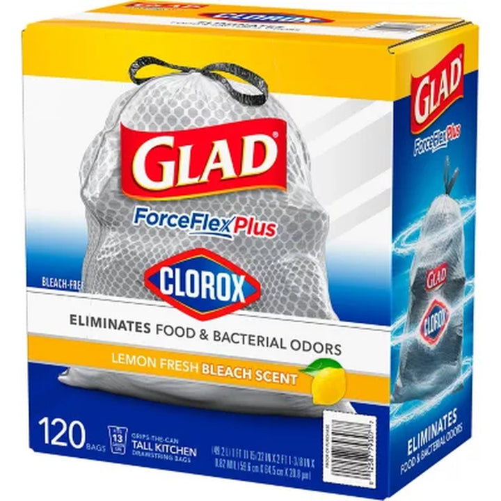 Glad Forceflex Tall Kitchen Trash Bags with Clorox, Lemon Fresh Bleach Scent 13 Gal., 120 Ct.