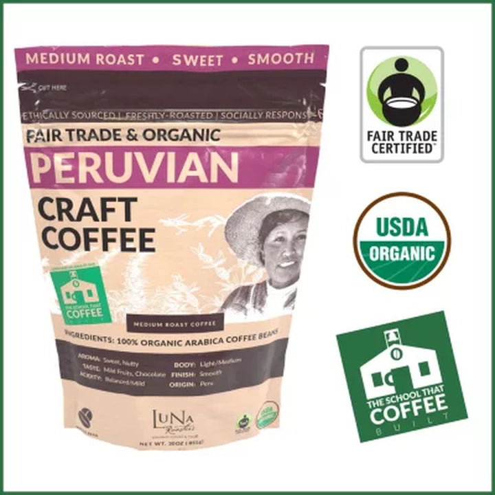 Luna Roasters Organic Peruvian Whole Bean Coffee, Medium Roast, 30 Oz.