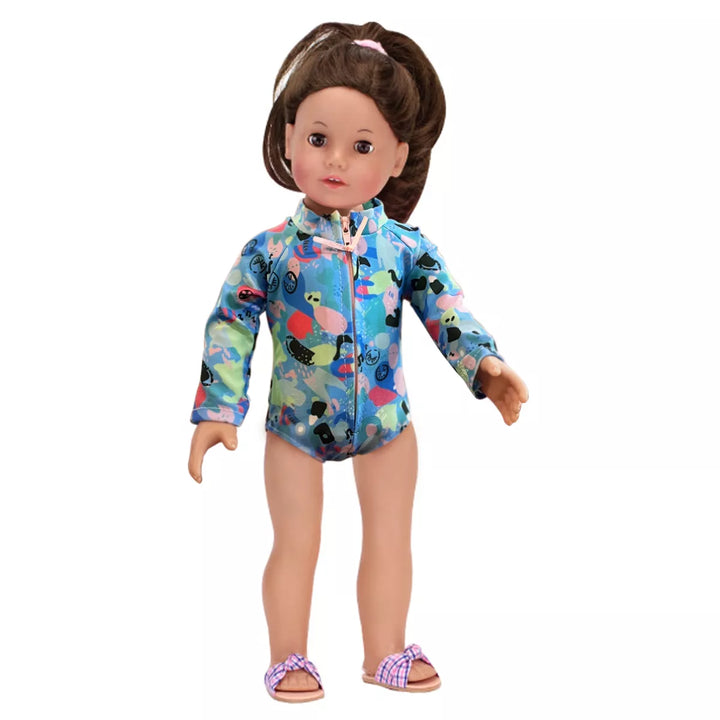 Sophia’S Colorful Collage Print Long Sleeve Rash Guard Swimsuit for 18" Dolls, Blue