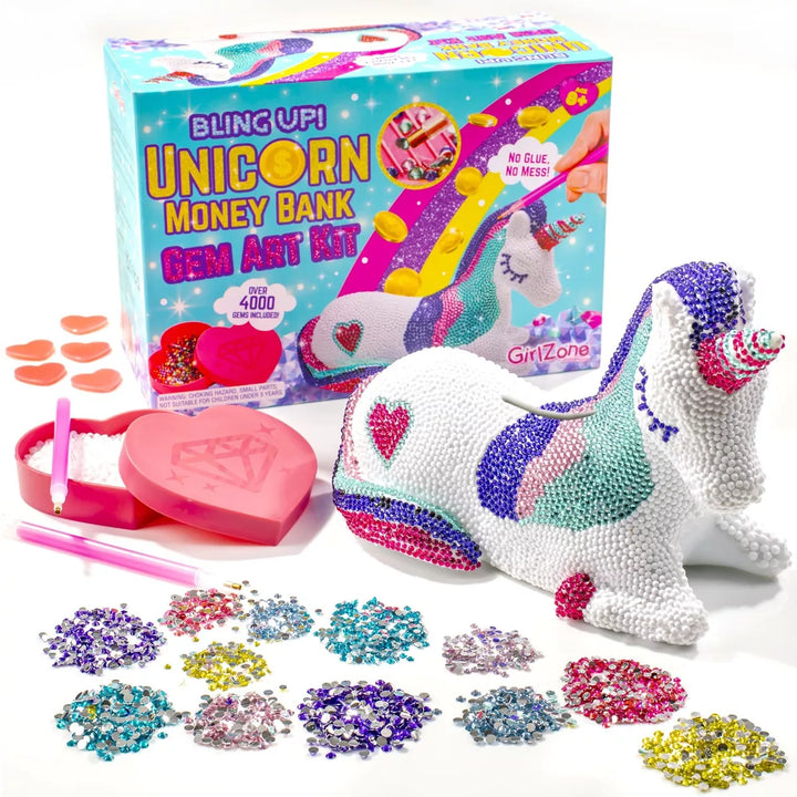 Girlzone Bling up Unicorn Money Bank Gem Art Kit, Create Diamond Art for Kids with over 4000 Gems and 2 Stylus