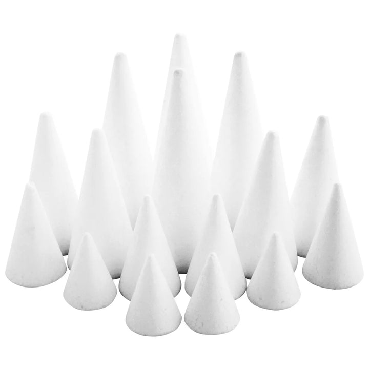 Bright Creations 16 Pack White Foam Cones for Art and Crafts Supplies (4 Sizes, 2.3-6 In)