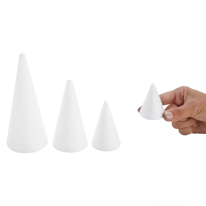 Bright Creations 16 Pack White Foam Cones for Art and Crafts Supplies (4 Sizes, 2.3-6 In)