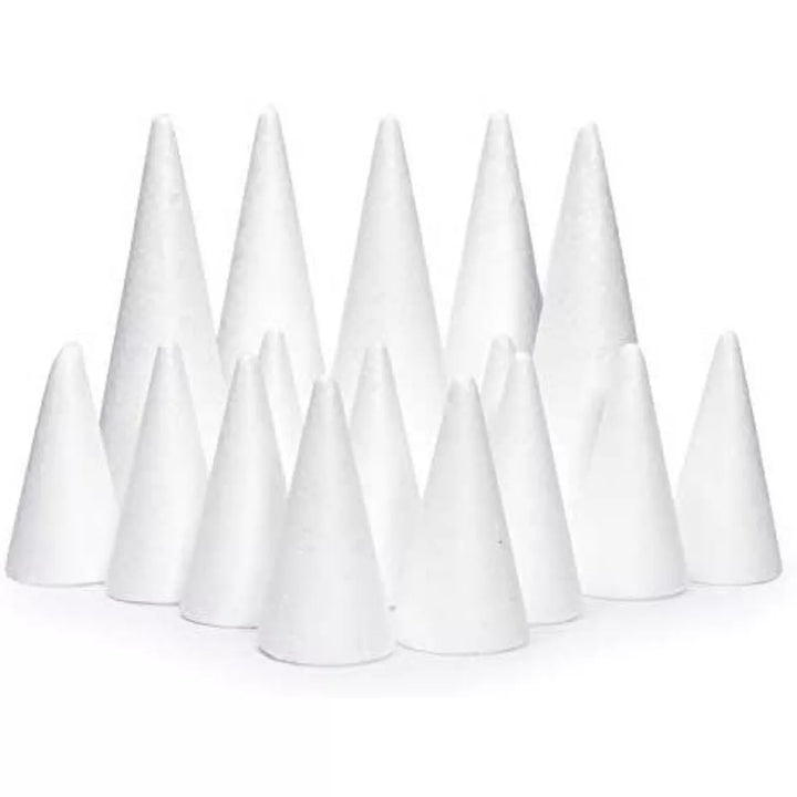 Bright Creations 18 Pack White Craft Foam Cones for Art and Crafts Supplies, 2 Sizes