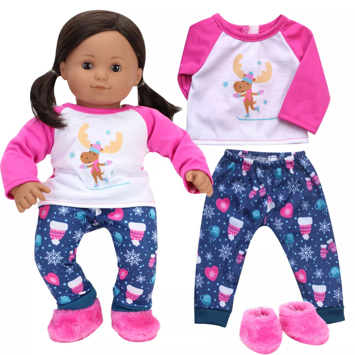 Sophia’S Winter Moose Print Pajamas and Slippers for 15" Dolls