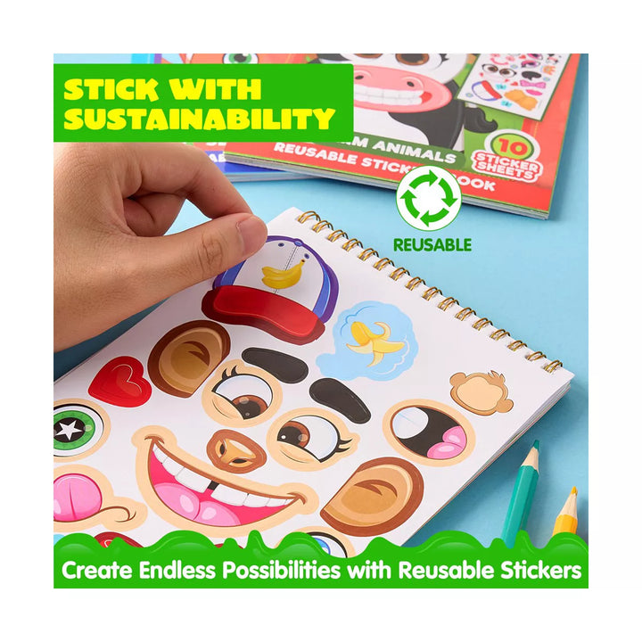 Syncfun Make-A-Face Reusable Sticker Books 3-Pack (Safari, Farm, Sea Animals) - on the Go Travel Toys Activity Pad for Kids Ages 4-8(30 Scenes)