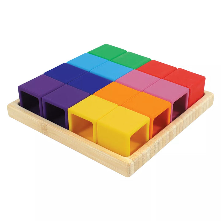 Hudson Baby Silicone Block Set with Wood Tray, Multicolor, One Size