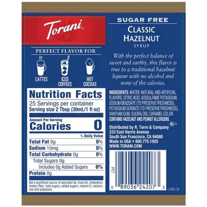 Torani Sugar-Free Classic Hazelnut Syrup 25.4 Fl. Oz.