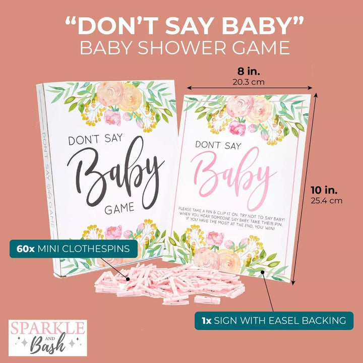 Sparkle and Bash Floral Baby Shower Clothespin Game for Girl, Don'T Say Baby Theme with 60 Pink Clothes Pins and 8X10-Inch Sign