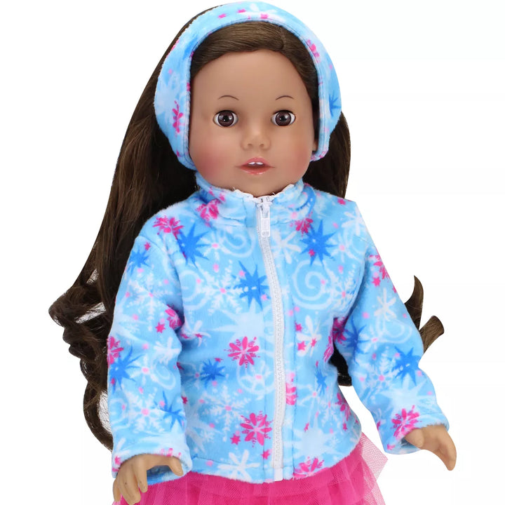 Sophia’S Snowflake Print Fleece Jacket & Matching Earmuff Set for 18” Dolls, Light Blue