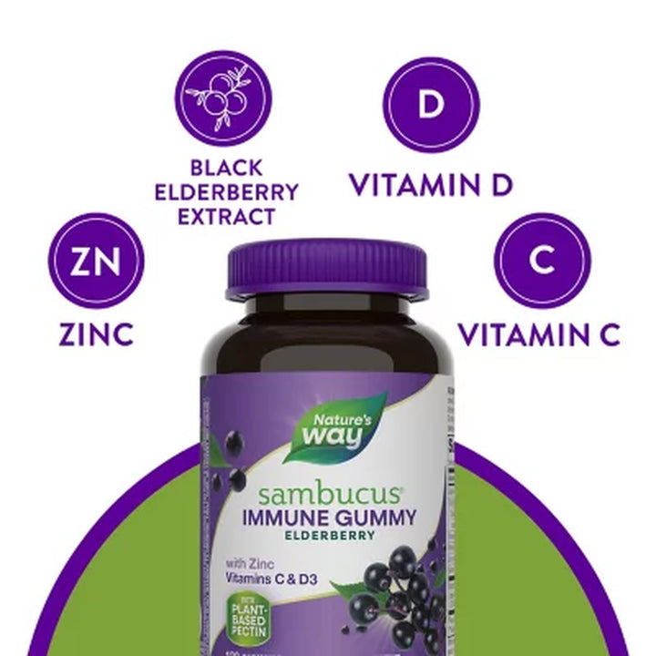 Nature’S Way Sambucus Immune Gummies, Elderberry, Vitamin C, Vitamin D3, Zinc, 120 Ct.