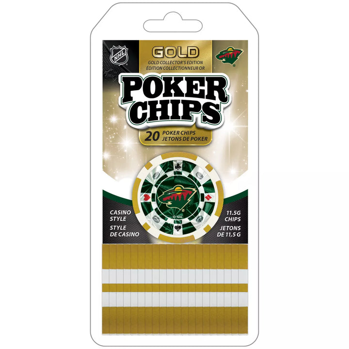 Masterpieces Casino Style 20 Piece 11.5 Gram Poker Chip Set NHL Minnesota Wild Gold Edition.