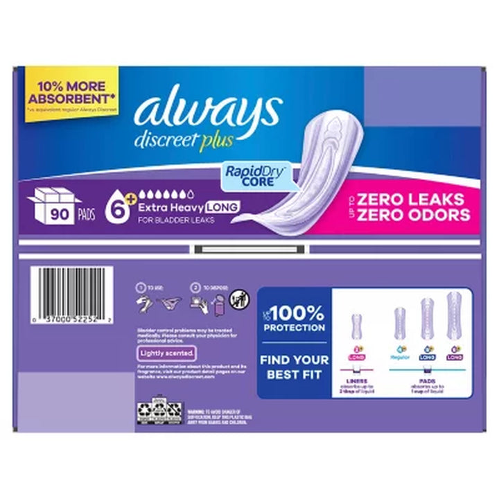 Always Discreet plus Incontinence Pads for Women, Extra Heavy Long, 90 Ct.