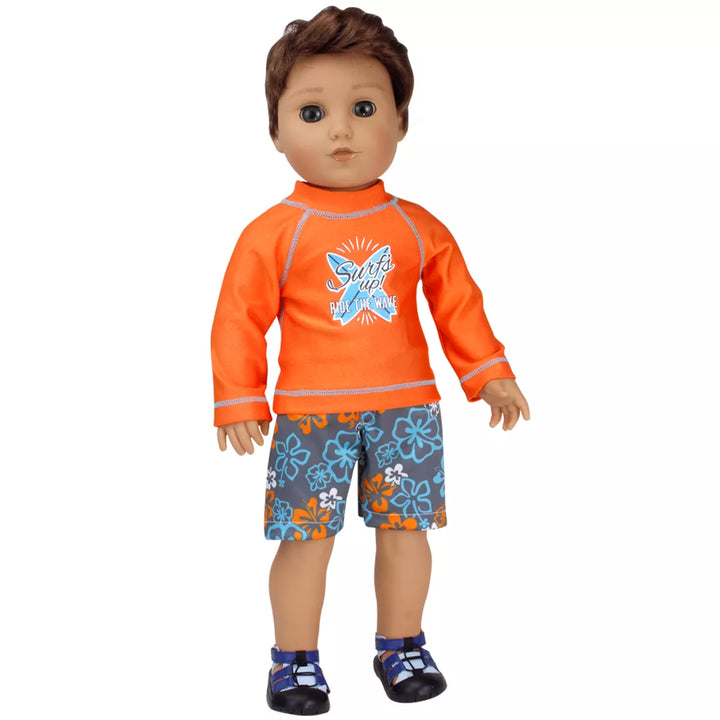 Sophia'S - 18" Doll - Surf Shirt & Floral Print Swim Trunks - Orange