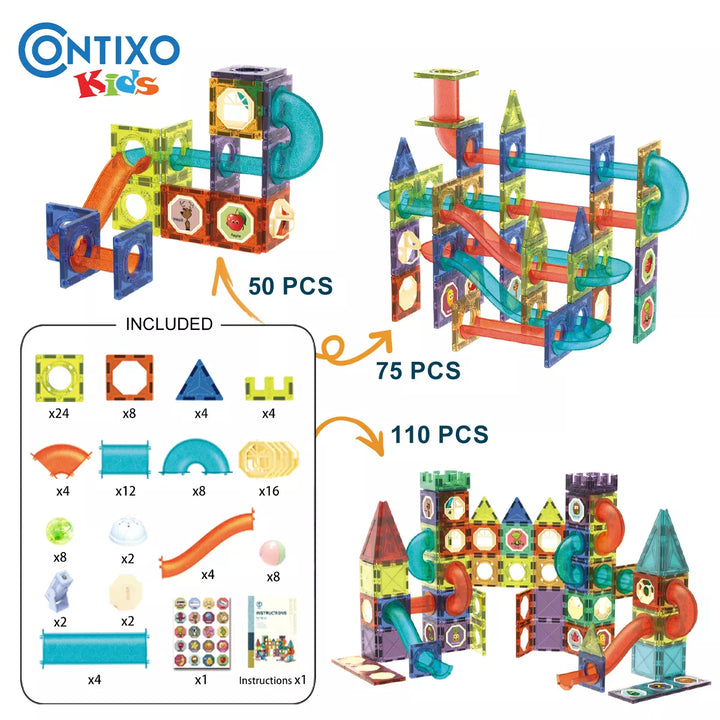 Contixo Magnetic Light-Up 3D Tiles Building Set – 110 Piece STEM Marble Run Blocks for Kids, Fun Educational Toy for Boys & Girls Ages 3-10+