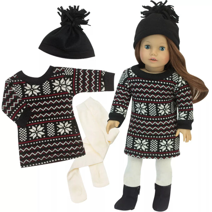 Sophia’S Fair Isle Dress, Hat, & Tights Outfit Set for 18” Dolls, Black/White