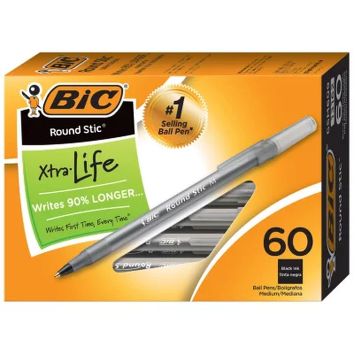 BIC round Stic Xtra Life Ballpoint, 1Mm, Medium, Black, 60Ct.