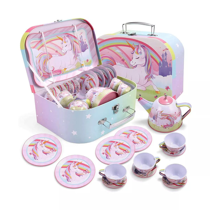 Syncfun Unicorn Castle Pretend Tea Set for Kids Toddlers Age 3 4 5 6, Princess Tea Party Set with Teapot, Cups, Plates and Carrying Case